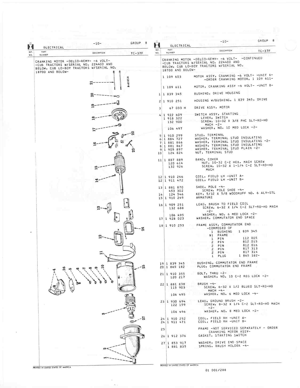 6 Volt Starter parts diagram - Farmall Cub